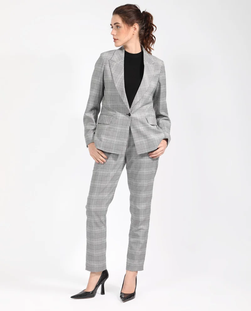 Rareism Women's Classic Checkered Lapel Collar Blazer