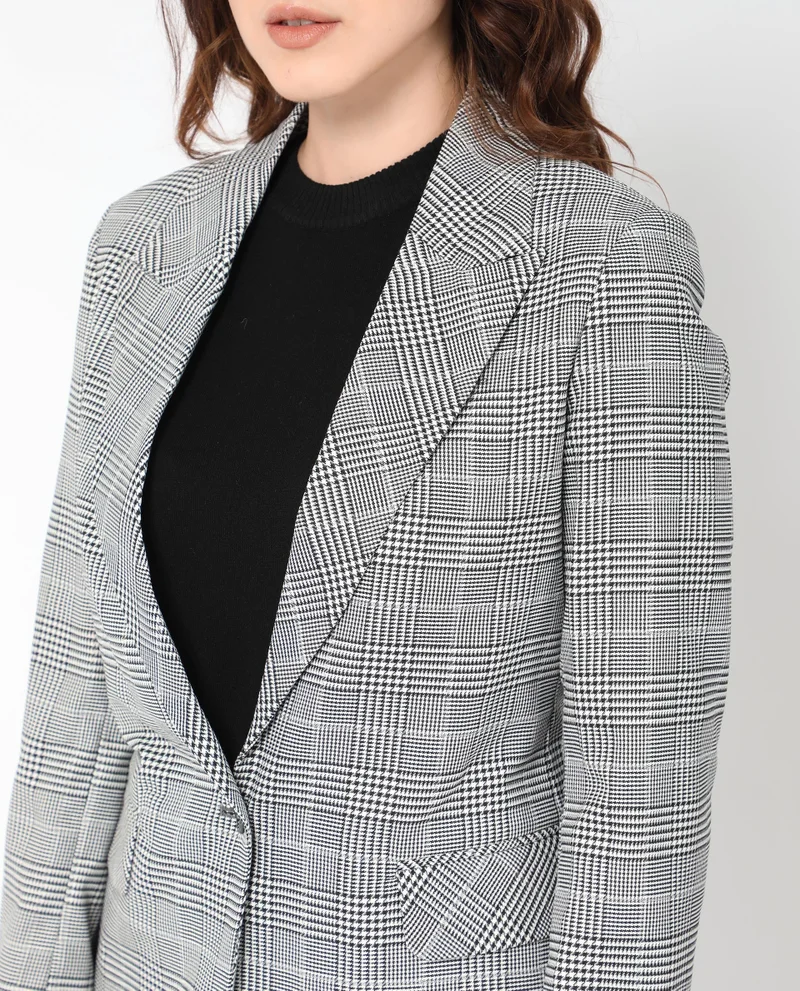 Rareism Women's Classic Checkered Lapel Collar Blazer