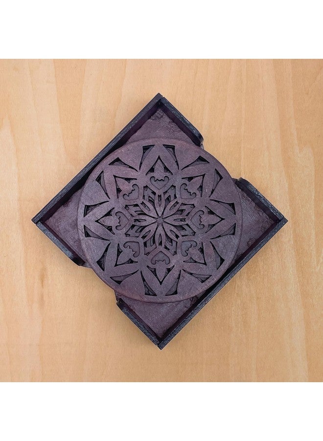 IndionArt Ashta 88mm Decorative Wooden Tea Coaster Set with Stand Hand-Painted Spill-Resistant Mandala Design (4, Rosewood) - Image 1