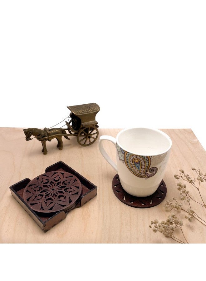 IndionArt Ashta 88mm Decorative Wooden Tea Coaster Set with Stand Hand-Painted Spill-Resistant Mandala Design (4, Rosewood) - Image 4