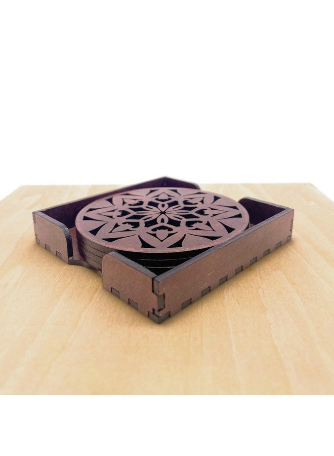 IndionArt Ashta 88mm Decorative Wooden Tea Coaster Set with Stand Hand-Painted Spill-Resistant Mandala Design (4, Rosewood) - Image 3