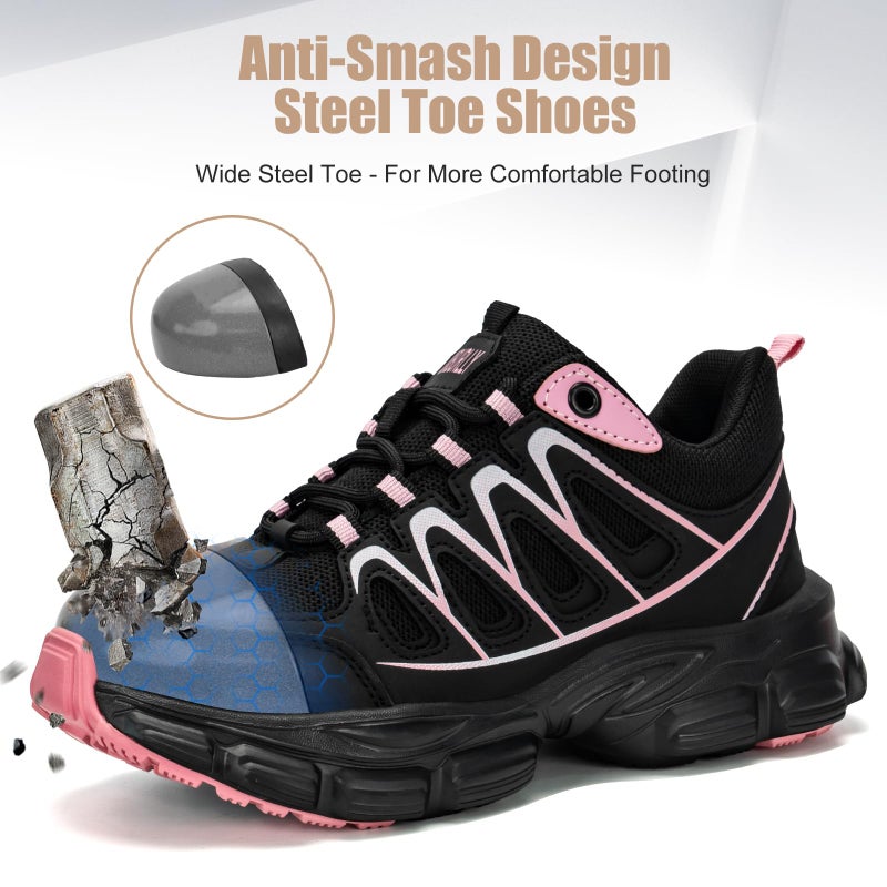 Hogent Steel Toe Shoes for Women Men Wide Non Slip Composite Work Sneakers Indestructible Comfortable Safety Tennis Shoes Lightweight Breathable Construction Sneakers Puncture Proof Ergonomic Design - Image 4