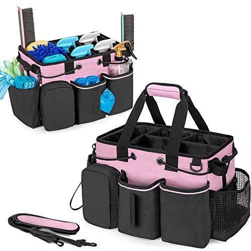LoDrid Large Professional Cleaning Caddy with Detachable Divider, Supply Organizer with Handle and Shoulder Strap, Cleaning Bags for Housekeepers & Cleaners, Pink - Image 1