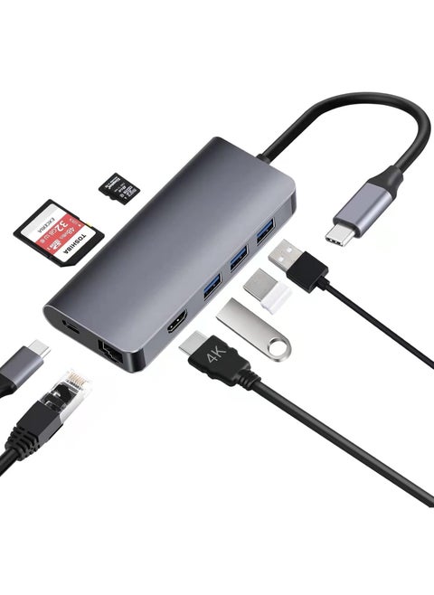 8 in 1 USB C Multiport Hub with 4K HDMI, 3 Port 3.0 TF-SD Reader, Gigabit Ethernet, 100W Power Delivery for MacBook Pro Air and Other Type-C Devices Black