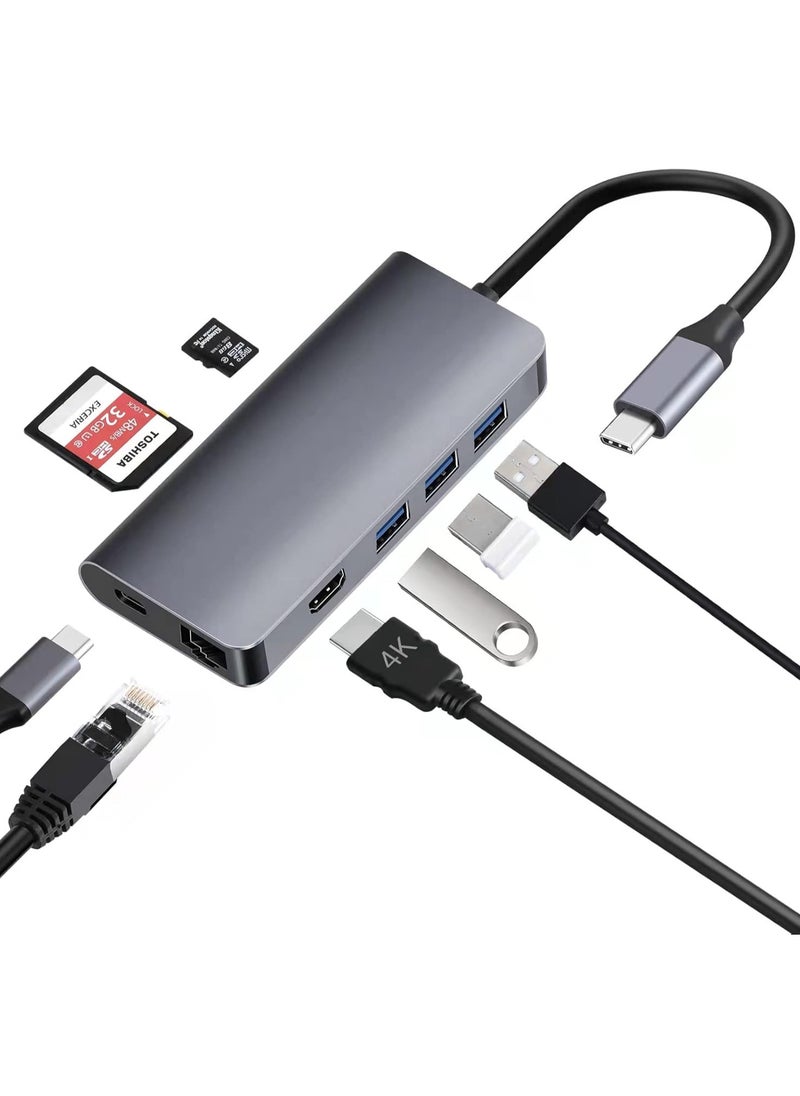 ماركة غير محددة محول متعدد المنافذ USB C ‏8 في 1 قاعدة توصيل و4K HDMI و3 منافذ 3.0 قارئ TF-SD وجيجابت ايثرنت بتقنية الطاقة 100 وات لماك بوك برو اير والاجهزة الاخرى نوع سي أسود  - Image 1