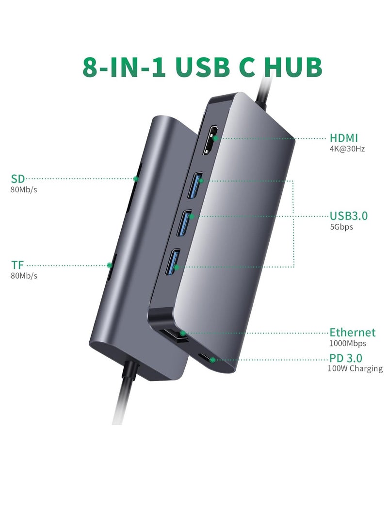 ماركة غير محددة محول متعدد المنافذ USB C ‏8 في 1 قاعدة توصيل و4K HDMI و3 منافذ 3.0 قارئ TF-SD وجيجابت ايثرنت بتقنية الطاقة 100 وات لماك بوك برو اير والاجهزة الاخرى نوع سي أسود  - Image 2