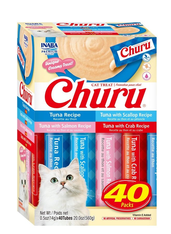 إينابا مكافآت القطط من INABA Churu، خالية من الحبوب، قابلة لللعق والضغط، مكافأة/تغطية القطط المهروسة الكريمية، 0.5 أونصة لكل أنبوب، 40 أنبوبًا، علبة من أنواع التونة  - Image 1