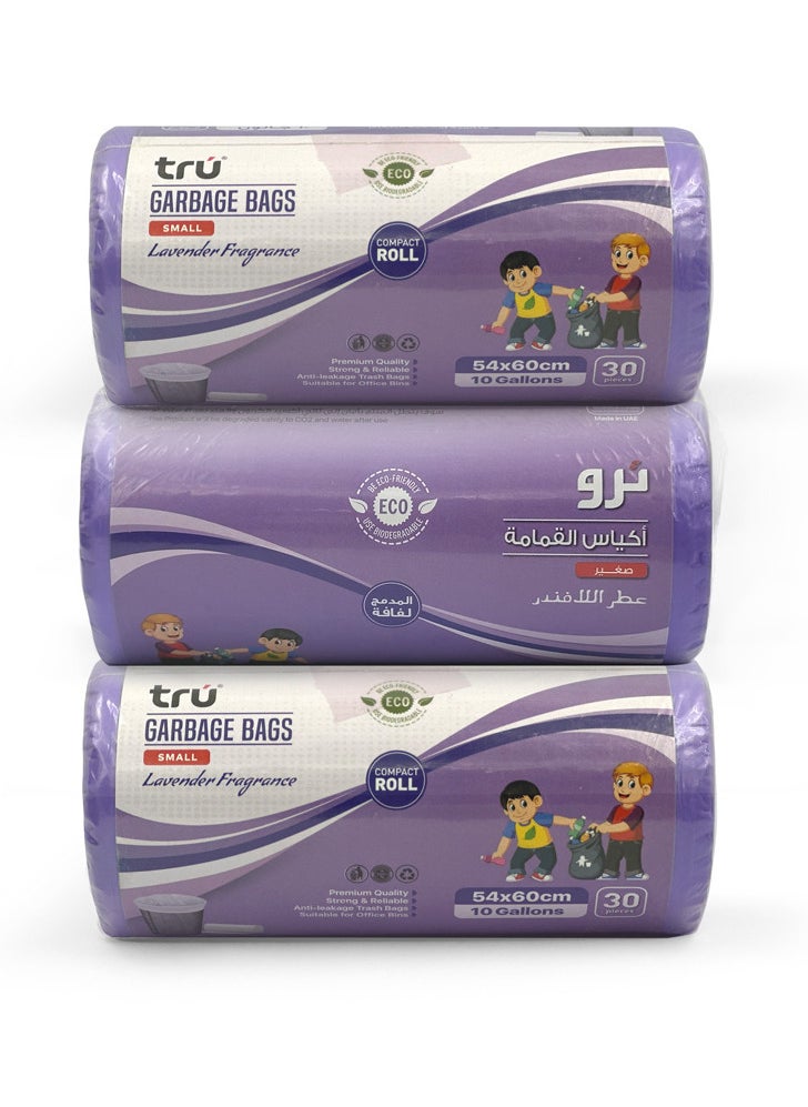 Tru - Lavender Scented Garbage Bags Compact Roll 54x60cm 10 Gallon ( 30pc x 3 Rolls ) 90 bags - Image 1