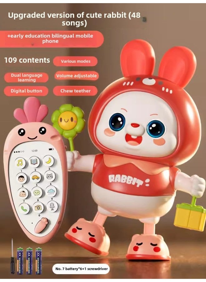 The Baby Children Dance Little Cute Rabbit Robot Baby Early Education Head Up Doll Night Market Toys-Color:Red-Dancing Rabbit (Upgraded Battery Edition) + Large Early Education Mobile Phone [Powder]]  - Image 1