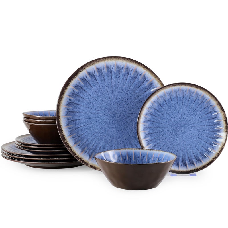 Gufaith Melamine Dinnerware Sets 12 Pcs Plates and Bowls Sets Melamine Plates Outdoor Dishes Sets Unbreakable Dinnerware Serving Dishes for Entertaining Dishwasher Safe BPA Free Classic Blue