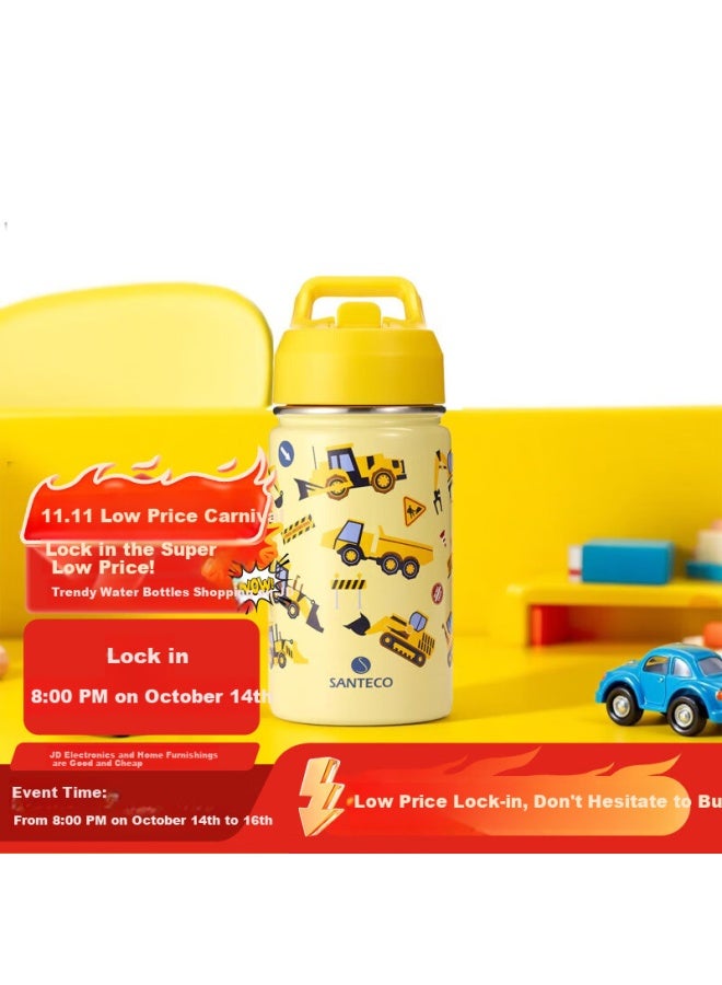 Santeco Children's Insulated Cup, Stainless Steel Direct Drinking Straw Water Bottle, Kindergarten Student Baby Dual Drinking Water Bottle, Construction Vehicle - Image 1