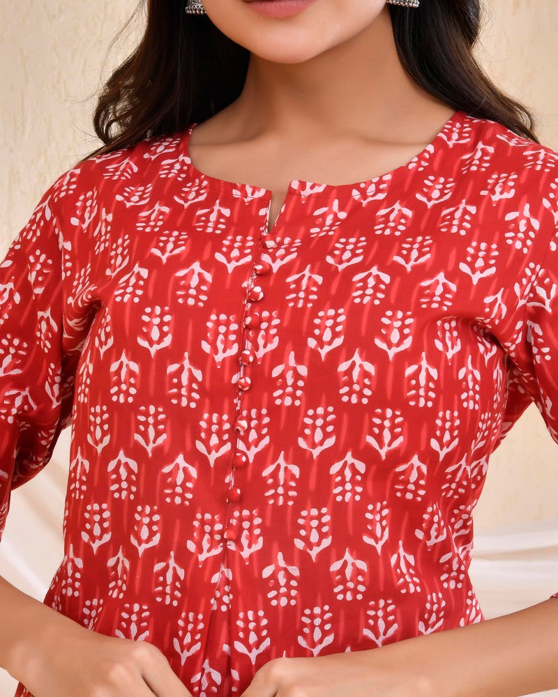 POISED Women's Cotton Printed Flared Short Kurti | Ethnic Sanganeri Print Tunic Top for Women & Girls | Round Neck 3/4 Sleeve Casual Kurta | Available in Indigo Blue, Pink, Red, & Yellow - Image 5