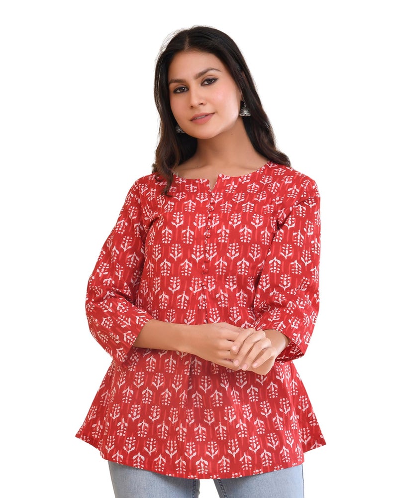 POISED Women's Cotton Printed Flared Short Kurti | Ethnic Sanganeri Print Tunic Top for Women & Girls | Round Neck 3/4 Sleeve Casual Kurta | Available in Indigo Blue, Pink, Red, & Yellow - Image 1