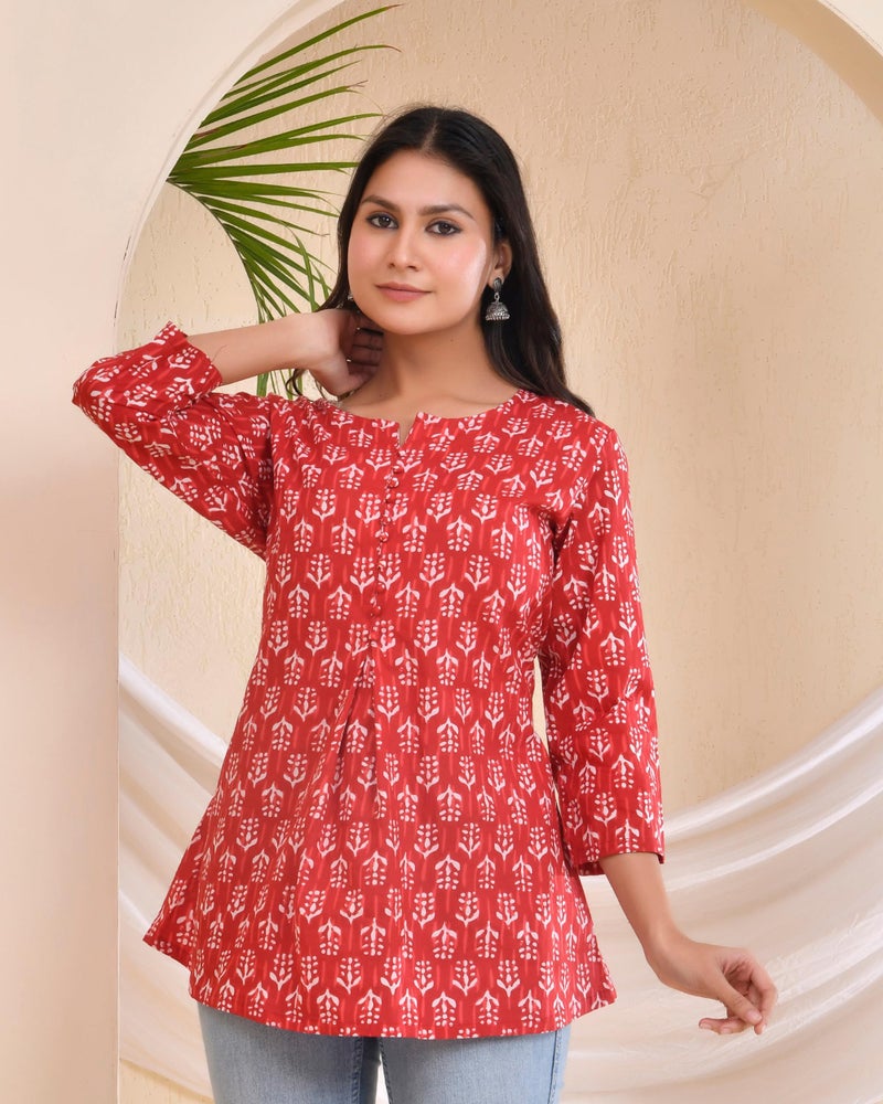 POISED Women's Cotton Printed Flared Short Kurti | Ethnic Sanganeri Print Tunic Top for Women & Girls | Round Neck 3/4 Sleeve Casual Kurta | Available in Indigo Blue, Pink, Red, & Yellow - Image 2