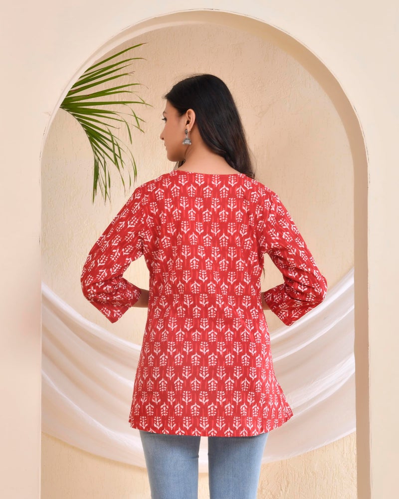 POISED Women's Cotton Printed Flared Short Kurti | Ethnic Sanganeri Print Tunic Top for Women & Girls | Round Neck 3/4 Sleeve Casual Kurta | Available in Indigo Blue, Pink, Red, & Yellow - Image 4