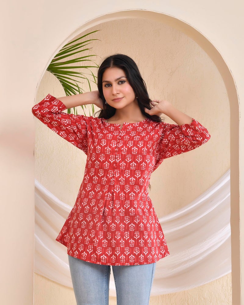 POISED Women's Cotton Printed Flared Short Kurti | Ethnic Sanganeri Print Tunic Top for Women & Girls | Round Neck 3/4 Sleeve Casual Kurta | Available in Indigo Blue, Pink, Red, & Yellow - Image 3