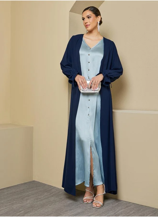 Styli Front Open Crepe Abaya with Sleeve Tie Detail