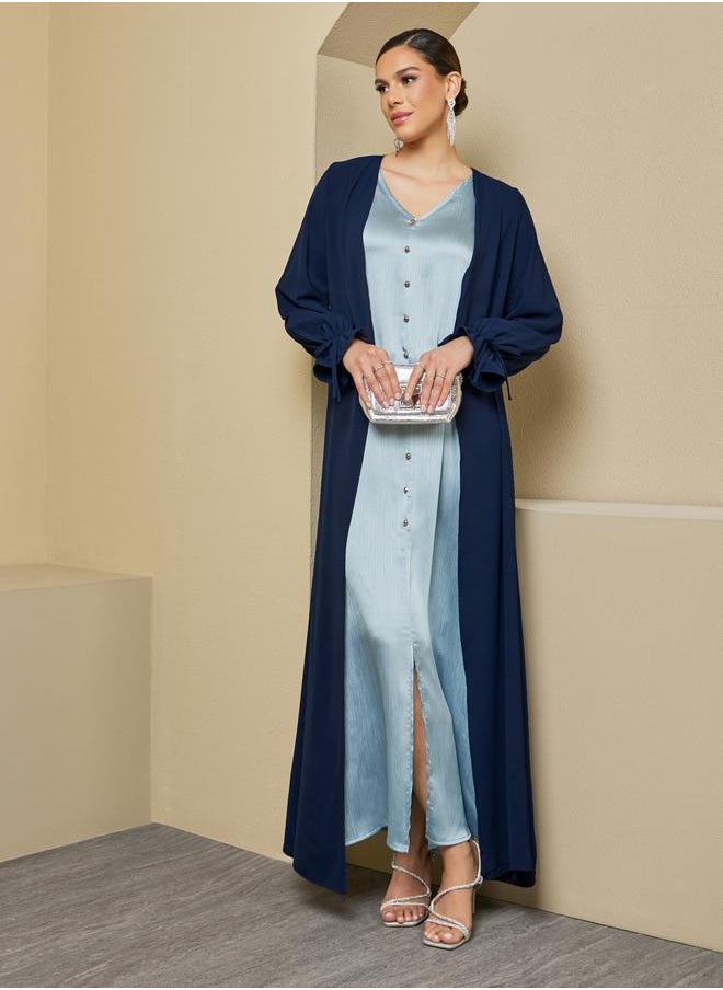 Styli Front Open Crepe Abaya with Sleeve Tie Detail  - Image 1