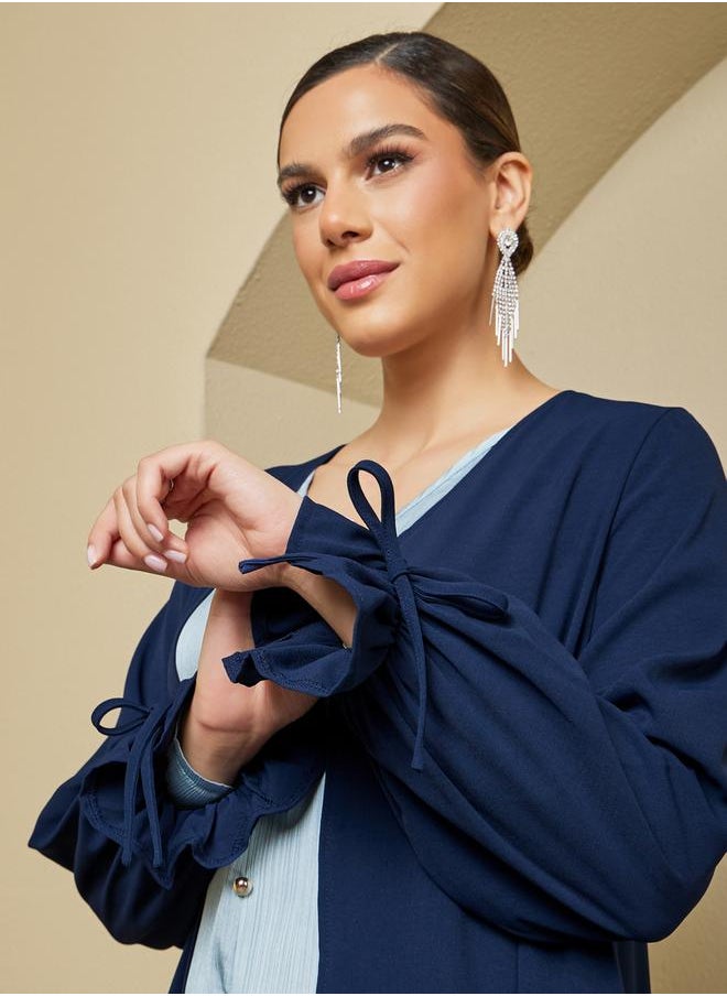 Styli Front Open Crepe Abaya with Sleeve Tie Detail  - Image 4
