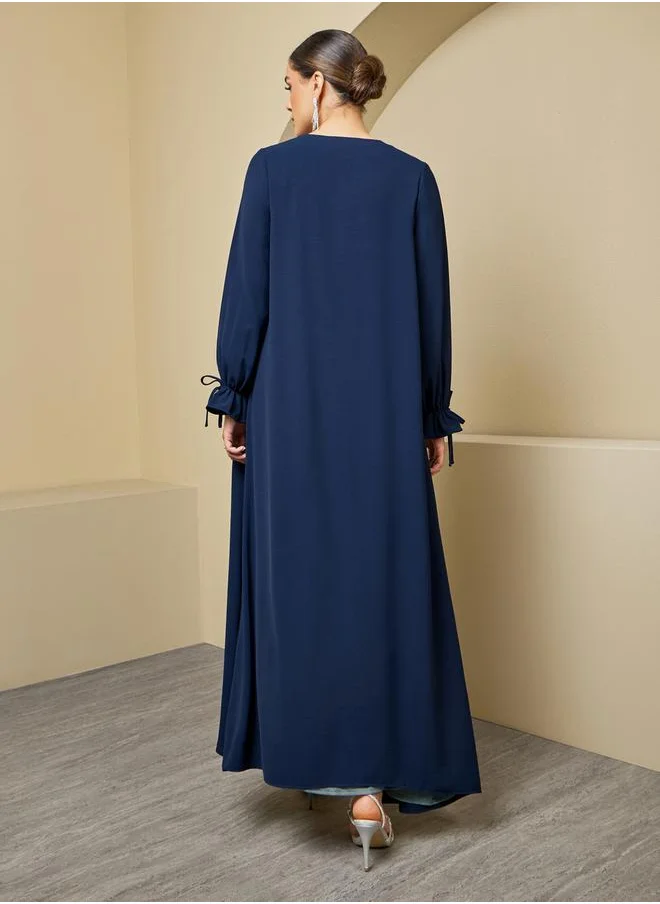 Styli Front Open Crepe Abaya with Sleeve Tie Detail
