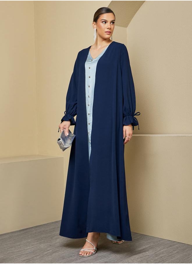 Styli Front Open Crepe Abaya with Sleeve Tie Detail  - Image 2