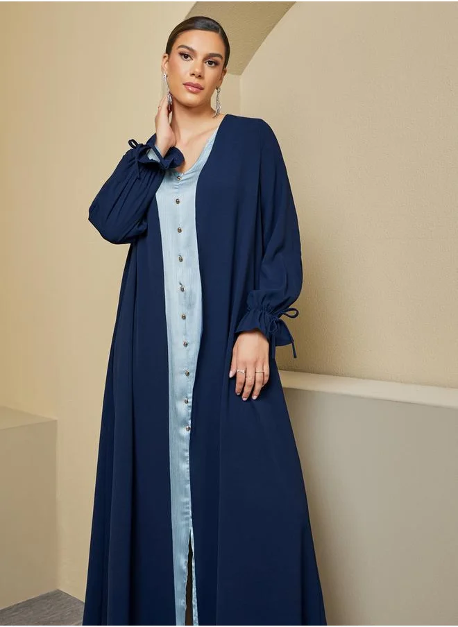 Styli Front Open Crepe Abaya with Sleeve Tie Detail
