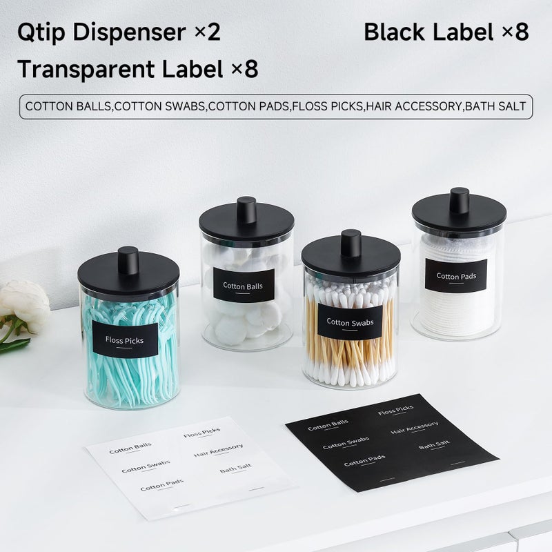 TIPGO Glass Qtip Holder Dispenser - 10 oz Clear Canister Apothecary Jar, Bathroom Vanity Storage Organizer Set for Cotton Swabs, Pads, Floss Picks, Small Containers for Makeup Storage (2 Pack, Black) - Image 2