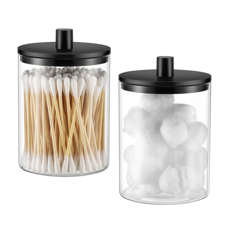 TIPGO Glass Qtip Holder Dispenser - 10 oz Clear Canister Apothecary Jar, Bathroom Vanity Storage Organizer Set for Cotton Swabs, Pads, Floss Picks, Small Containers for Makeup Storage (2 Pack, Black) - Image 1