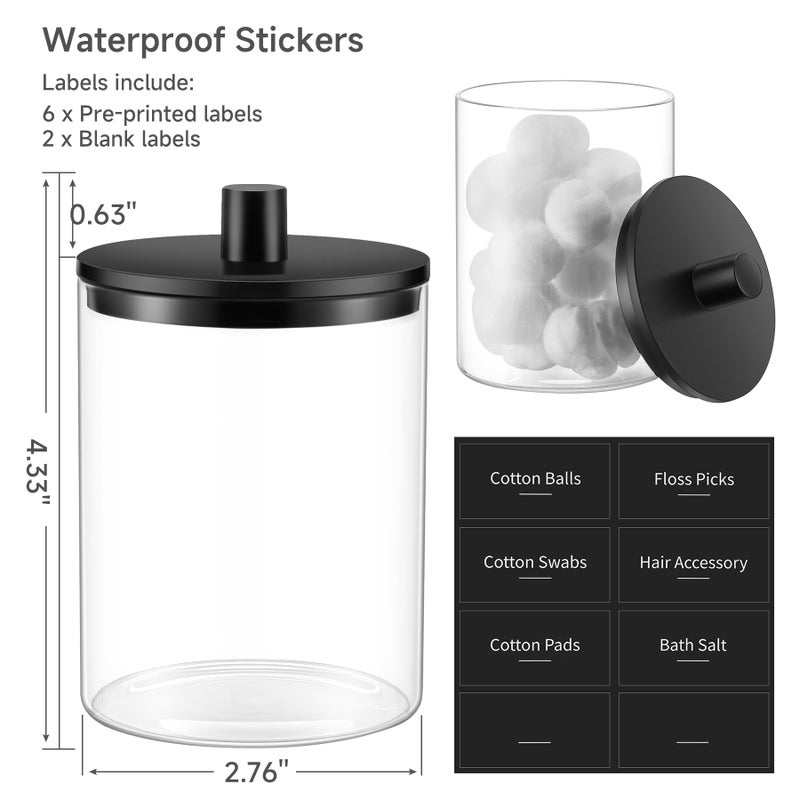 TIPGO Glass Qtip Holder Dispenser - 10 oz Clear Canister Apothecary Jar, Bathroom Vanity Storage Organizer Set for Cotton Swabs, Pads, Floss Picks, Small Containers for Makeup Storage (2 Pack, Black) - Image 3