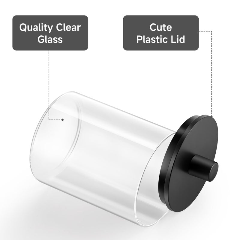 TIPGO Glass Qtip Holder Dispenser - 10 oz Clear Canister Apothecary Jar, Bathroom Vanity Storage Organizer Set for Cotton Swabs, Pads, Floss Picks, Small Containers for Makeup Storage (2 Pack, Black) - Image 4