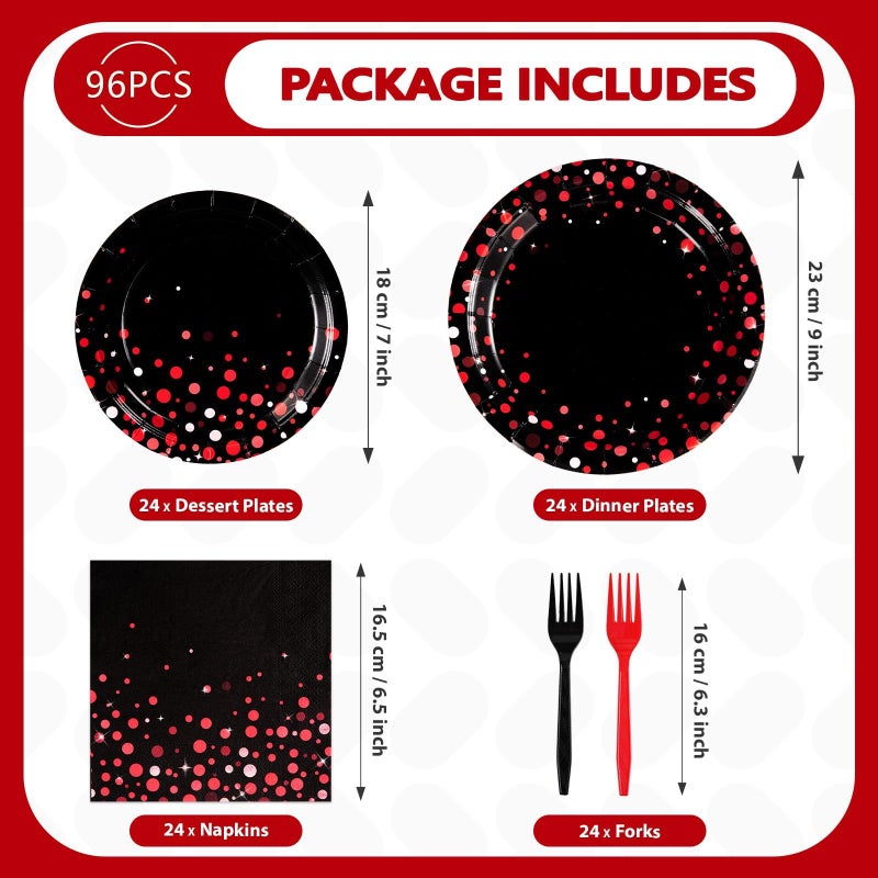 Grencian 96Pcs Black and Red Party Decorations Valentine's Day Red Dot on Black Plates and Napkins Disposable Tableware Set for Birthday Baby Shower Wedding Valentine's Day Party Supplies, Serves 24 - Image 3