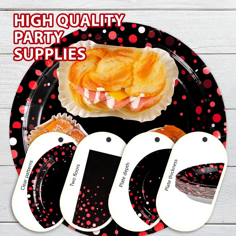 Grencian 96Pcs Black and Red Party Decorations Valentine's Day Red Dot on Black Plates and Napkins Disposable Tableware Set for Birthday Baby Shower Wedding Valentine's Day Party Supplies, Serves 24 - Image 4