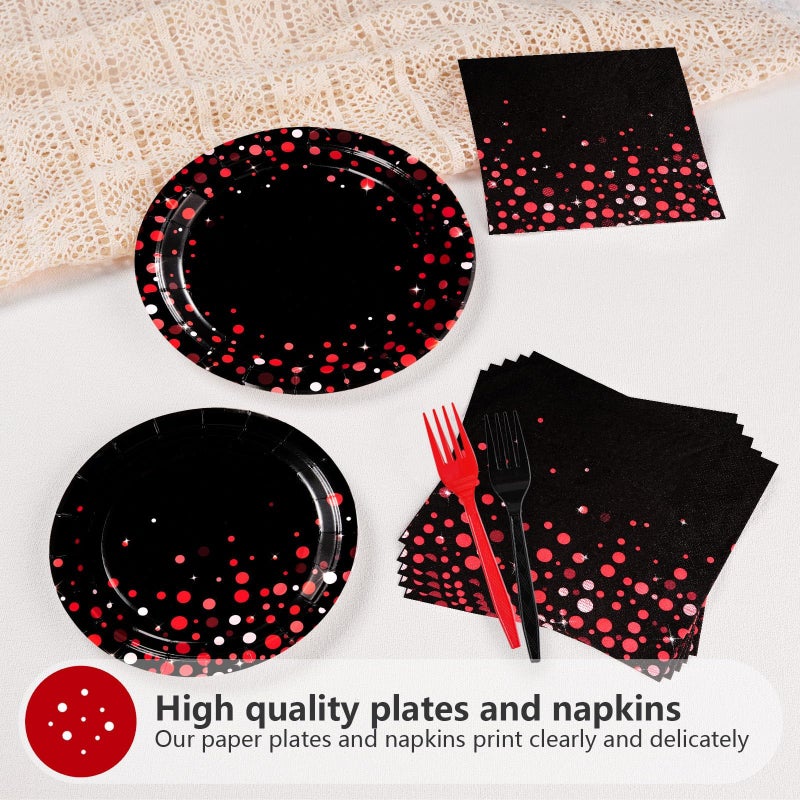 Grencian 96Pcs Black and Red Party Decorations Valentine's Day Red Dot on Black Plates and Napkins Disposable Tableware Set for Birthday Baby Shower Wedding Valentine's Day Party Supplies, Serves 24 - Image 2