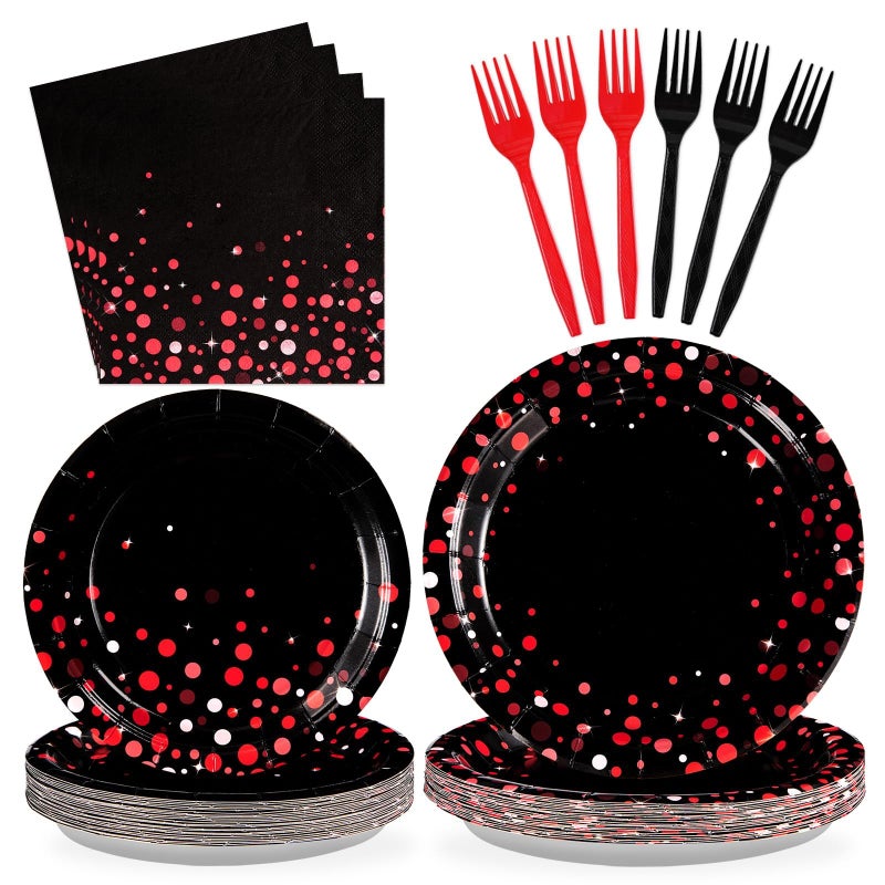 Grencian 96Pcs Black and Red Party Decorations Valentine's Day Red Dot on Black Plates and Napkins Disposable Tableware Set for Birthday Baby Shower Wedding Valentine's Day Party Supplies, Serves 24 - Image 1