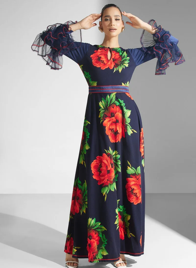 Golden Apple Printed Ruffle Sleeve Dress