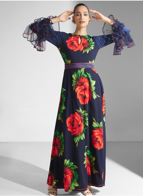 Printed Ruffle Sleeve Dress