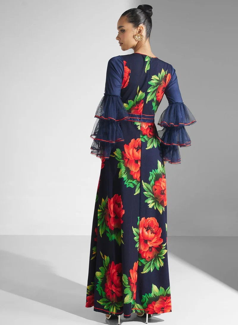 Golden Apple Printed Ruffle Sleeve Dress