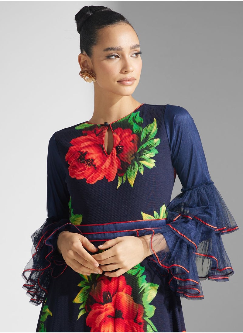 Golden Apple - Printed Ruffle Sleeve Dress - Image 1