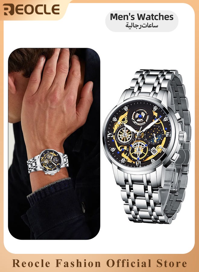 ريوكل ساعات كوارتز للرجال مع تقويم توربيون هيكلي وقرص مقاوم للماء ونقاط مضيئة ساعات يد كلاسيكية فاخرة للرجال - Image 1