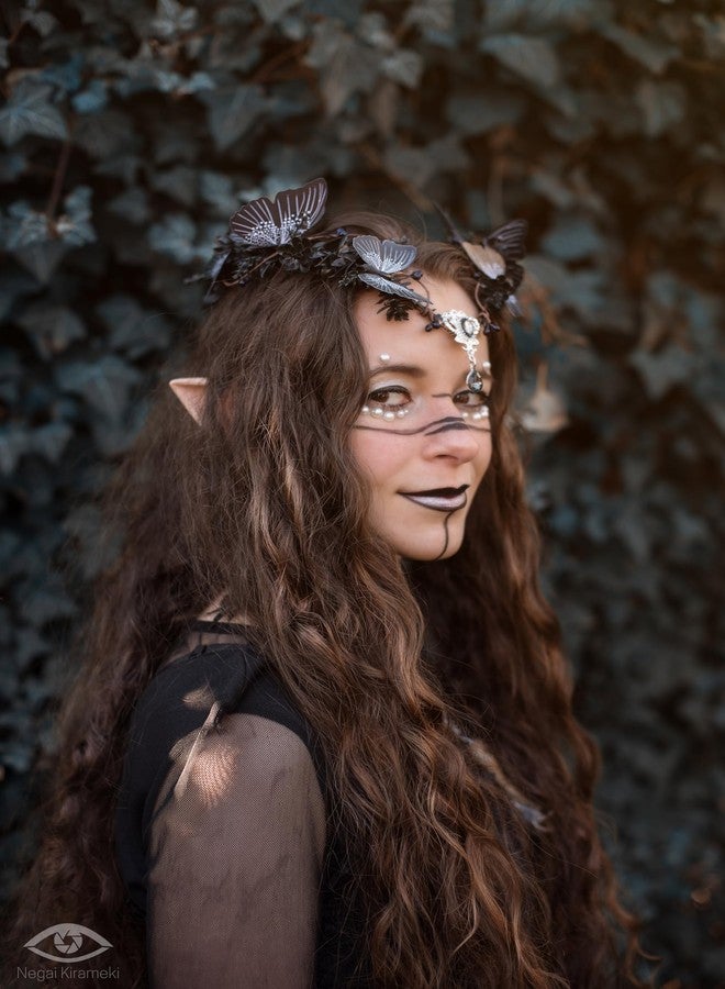 MOSTORY Handmade Dark Fairy Crown Black Butterfly Headpiece Woodland Elf Circlet Gothic Floral Tiara Headband for Women Girls Cosplay Wedding Birthday Renaissance Halloween - Image 2