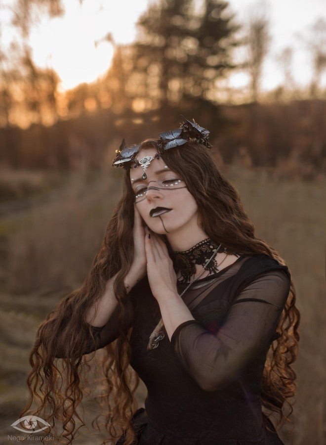 MOSTORY Handmade Dark Fairy Crown Black Butterfly Headpiece Woodland Elf Circlet Gothic Floral Tiara Headband for Women Girls Cosplay Wedding Birthday Renaissance Halloween - Image 3