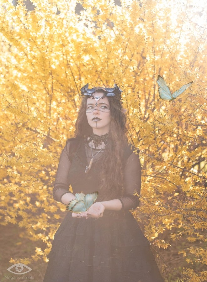 MOSTORY Handmade Dark Fairy Crown Black Butterfly Headpiece Woodland Elf Circlet Gothic Floral Tiara Headband for Women Girls Cosplay Wedding Birthday Renaissance Halloween - Image 4