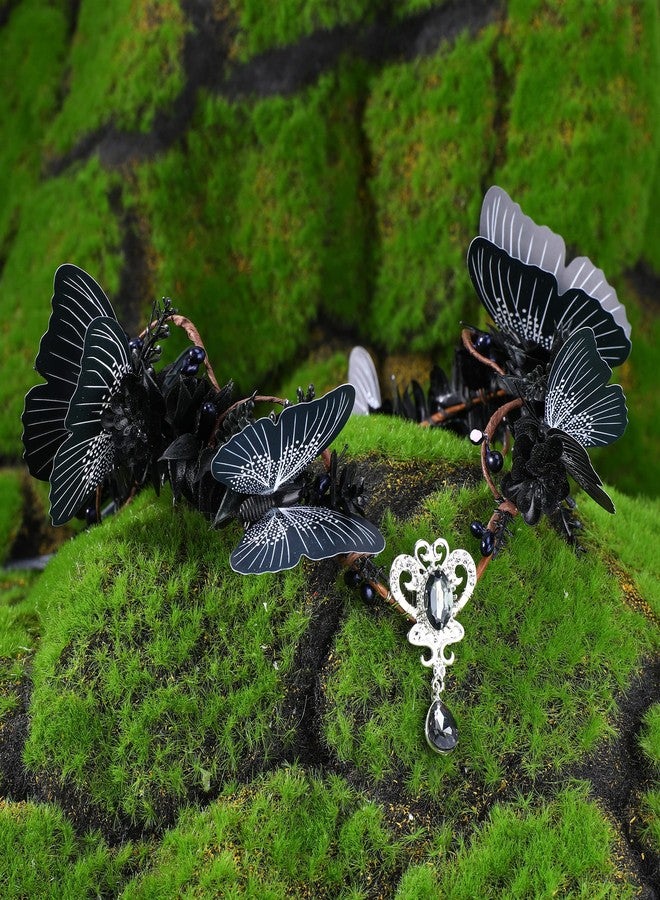 MOSTORY Handmade Dark Fairy Crown Black Butterfly Headpiece Woodland Elf Circlet Gothic Floral Tiara Headband for Women Girls Cosplay Wedding Birthday Renaissance Halloween - Image 5