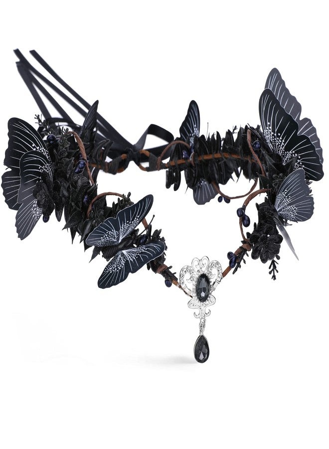 MOSTORY Handmade Dark Fairy Crown Black Butterfly Headpiece Woodland Elf Circlet Gothic Floral Tiara Headband for Women Girls Cosplay Wedding Birthday Renaissance Halloween - Image 1