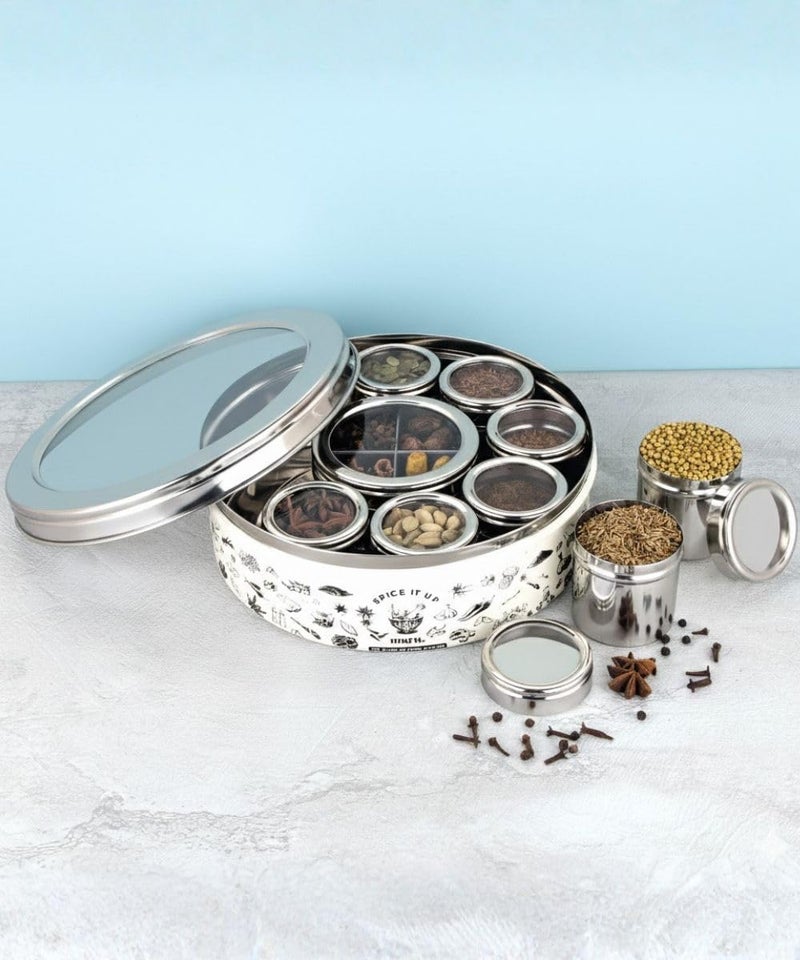 MARU 12-in-1 Printed Stainless Steel Masala Dabba for Kitchen, Elegant and Durable Spice Box with See-Through Individual Lids, Ideal Kitchen Organizer for Storing All Herbs, Spices, and Seasonings - Image 1