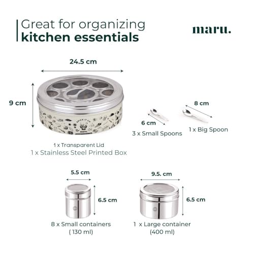 MARU 12-in-1 Printed Stainless Steel Masala Dabba for Kitchen, Elegant and Durable Spice Box with See-Through Individual Lids, Ideal Kitchen Organizer for Storing All Herbs, Spices, and Seasonings - Image 2