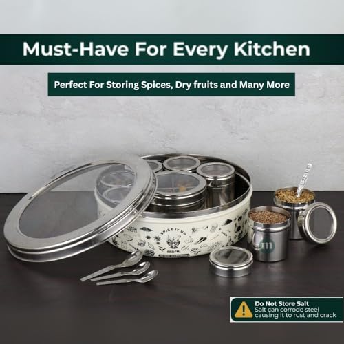 MARU 12-in-1 Printed Stainless Steel Masala Dabba for Kitchen, Elegant and Durable Spice Box with See-Through Individual Lids, Ideal Kitchen Organizer for Storing All Herbs, Spices, and Seasonings - Image 3