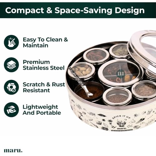 MARU 12-in-1 Printed Stainless Steel Masala Dabba for Kitchen, Elegant and Durable Spice Box with See-Through Individual Lids, Ideal Kitchen Organizer for Storing All Herbs, Spices, and Seasonings - Image 5
