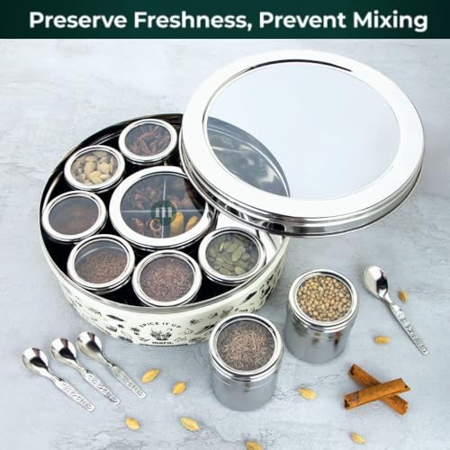 MARU 12-in-1 Printed Stainless Steel Masala Dabba for Kitchen, Elegant and Durable Spice Box with See-Through Individual Lids, Ideal Kitchen Organizer for Storing All Herbs, Spices, and Seasonings - Image 4