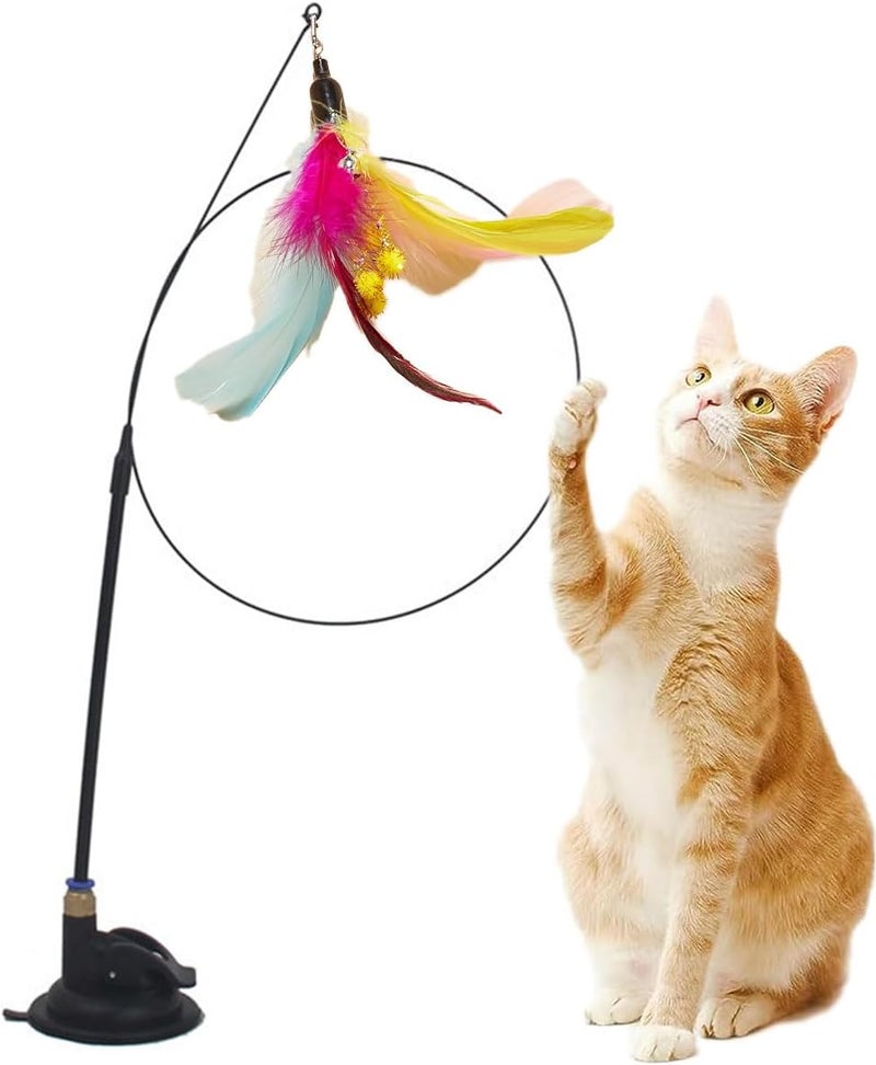 NeoStyle Cat Feather Toys,Cat Wand Toy with Powerful Suction Cup,Interactive Cat Toy Detachable Feather Replacements with Bell for Indoor Cats (Colourful Feather, Cat Teaser Toy with Suction Cup) - Image 1